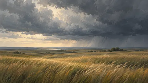 Prairie grass rippling beneath storm clouds – minimalist landscape painting Frame TV art