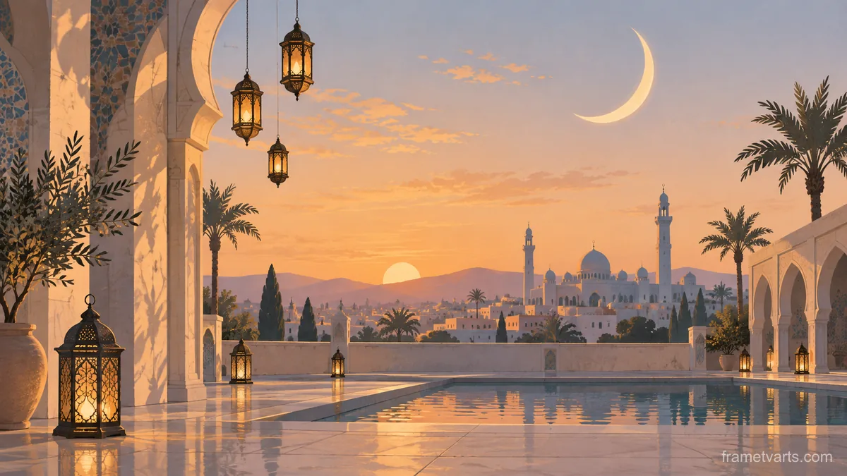 Ramadan lanterns and a crescent above a courtyard – minimal celebratory illustration Samsung Frame TV art, 4K