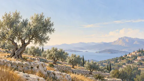 Olive grove on terraced limestone hills – minimalist landscape painting Frame TV art