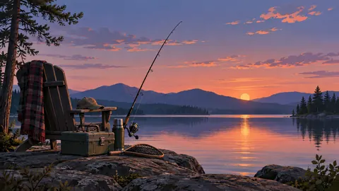 Father's Day fishing equipment beside a quiet lake – minimal celebratory illustration Frame TV art
