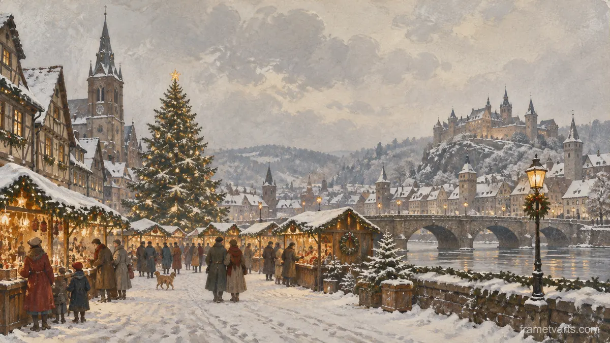 Snowy Christmas market without signs – vintage-inspired festive print Samsung Frame TV art, 4K