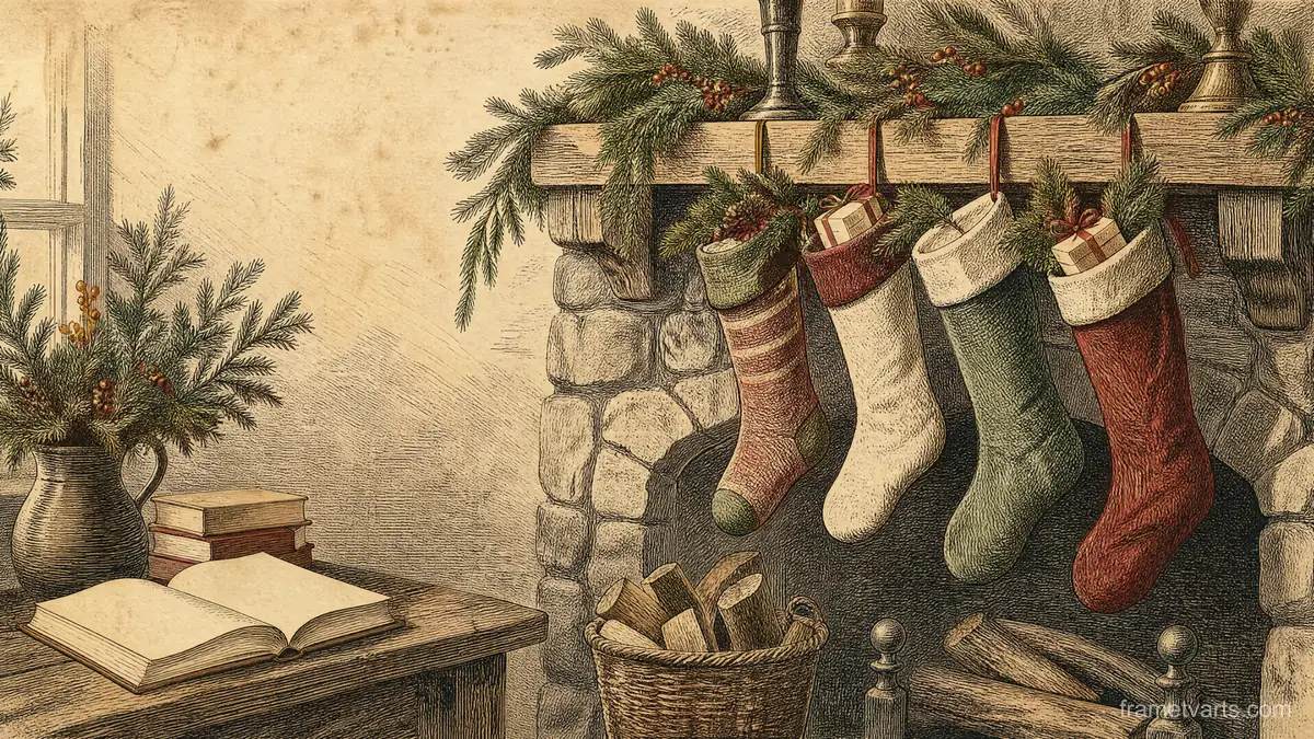 Christmas stockings above a stone hearth – vintage-inspired festive print Samsung Frame TV art, 4K