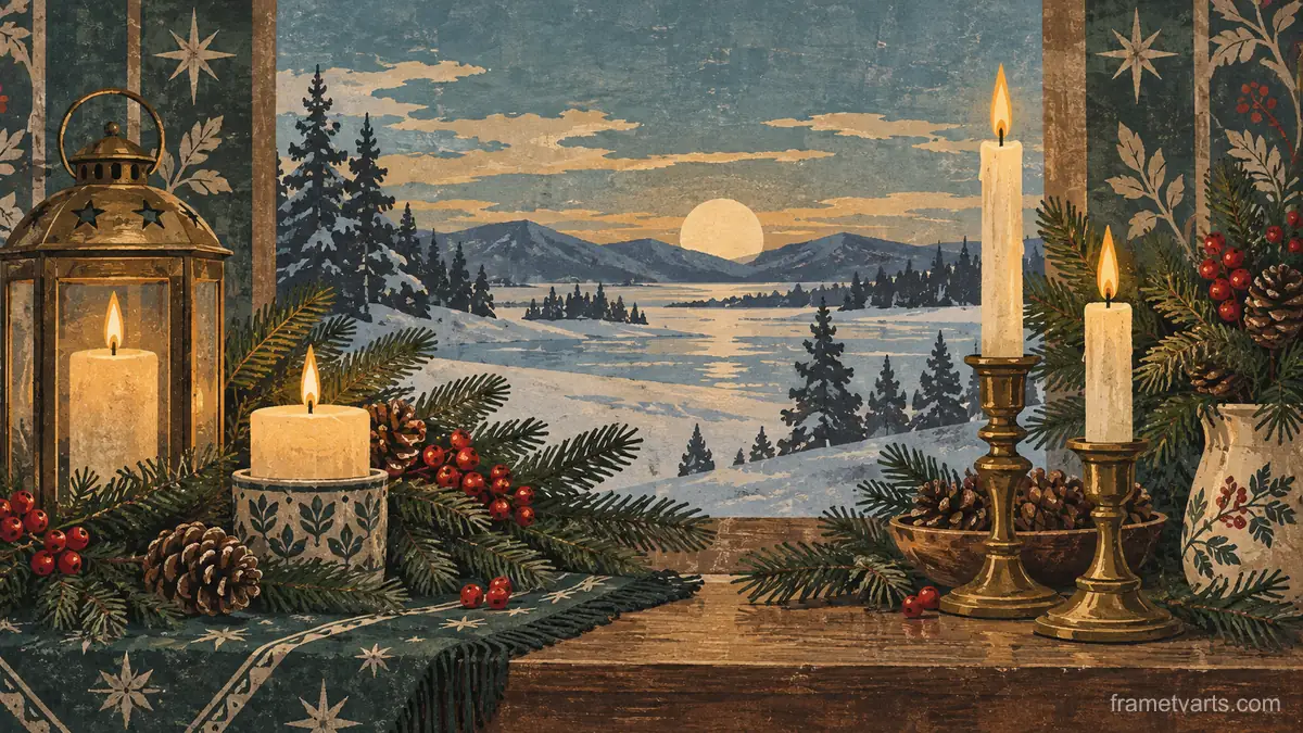 Winter solstice candles and evergreen boughs – vintage-inspired festive print Samsung Frame TV art, 4K