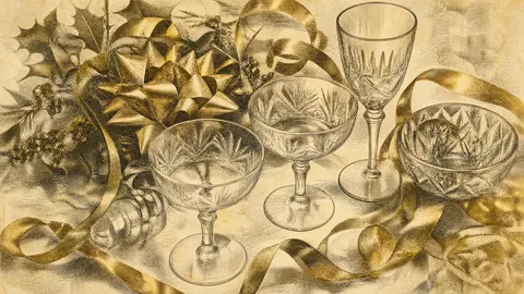 New Year still life of sparkling glass and gold ribbons – vintage-inspired festive print Frame TV art