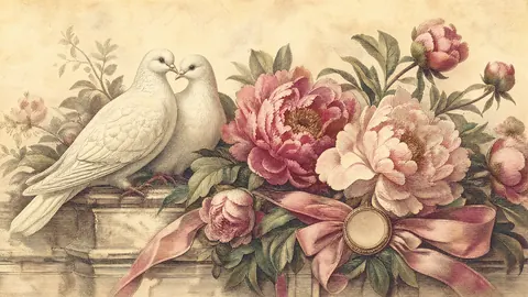 Valentine peonies and paired white doves – vintage-inspired festive print Frame TV art