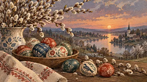 Easter painted eggs and willow branches – vintage-inspired festive print Frame TV art