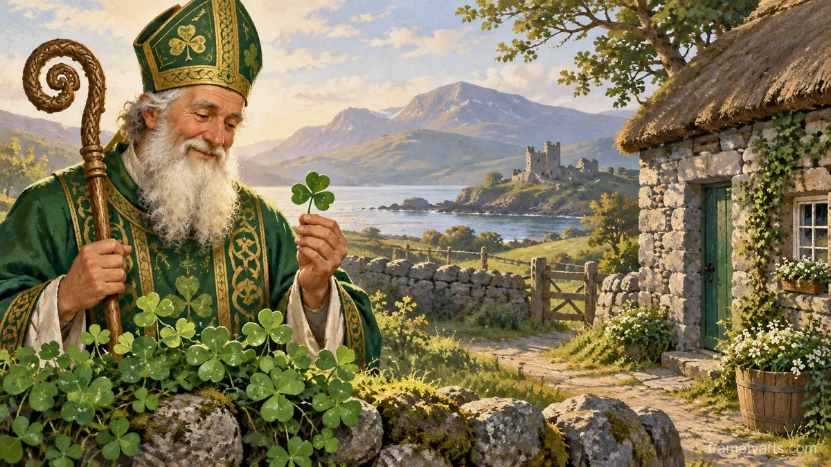 St Patrick shamrocks beside a rustic stone cottage – vintage-inspired festive print Samsung Frame TV art, 4K