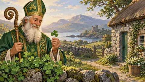 St Patrick shamrocks beside a rustic stone cottage – vintage-inspired festive print Frame TV art