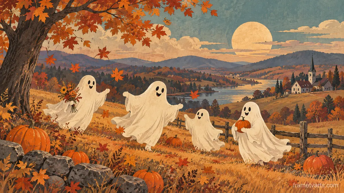 Halloween friendly ghosts in an autumn meadow – vintage-inspired festive print Samsung Frame TV art, 4K