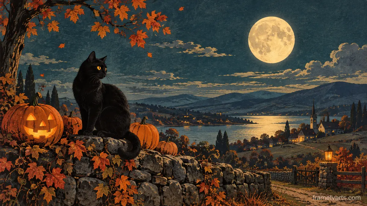 Halloween black cat with pumpkins beneath moonlight – vintage-inspired festive print Samsung Frame TV art, 4K
