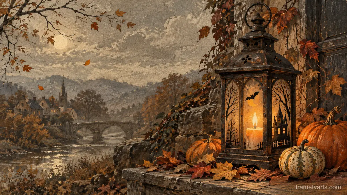 Halloween antique lantern and autumn leaves – vintage-inspired festive print Samsung Frame TV art, 4K