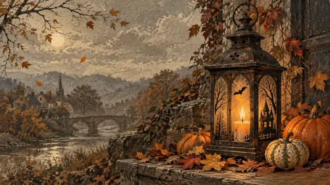 Halloween antique lantern and autumn leaves – vintage-inspired festive print Frame TV art