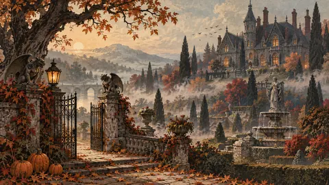 Halloween haunted manor in a misty garden – vintage-inspired festive print Frame TV art