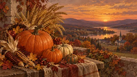Thanksgiving pumpkin arrangement beside wheat – vintage-inspired festive print Frame TV art