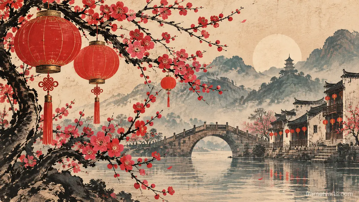 Lunar New Year red lanterns and plum blossoms – vintage-inspired festive print Samsung Frame TV art, 4K