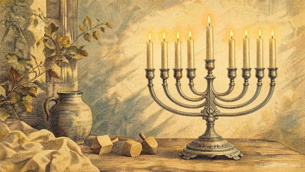 Hanukkah nine-branched hanukkiah with eight candle positions plus a distinct shamash – vintage-inspired festive print Samsung Frame TV art, 4K