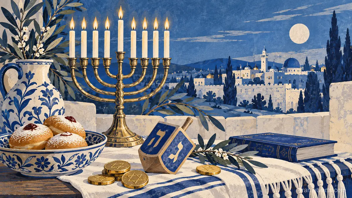 Hanukkah blue-and-white still life with dreidel – vintage-inspired festive print Samsung Frame TV art, 4K