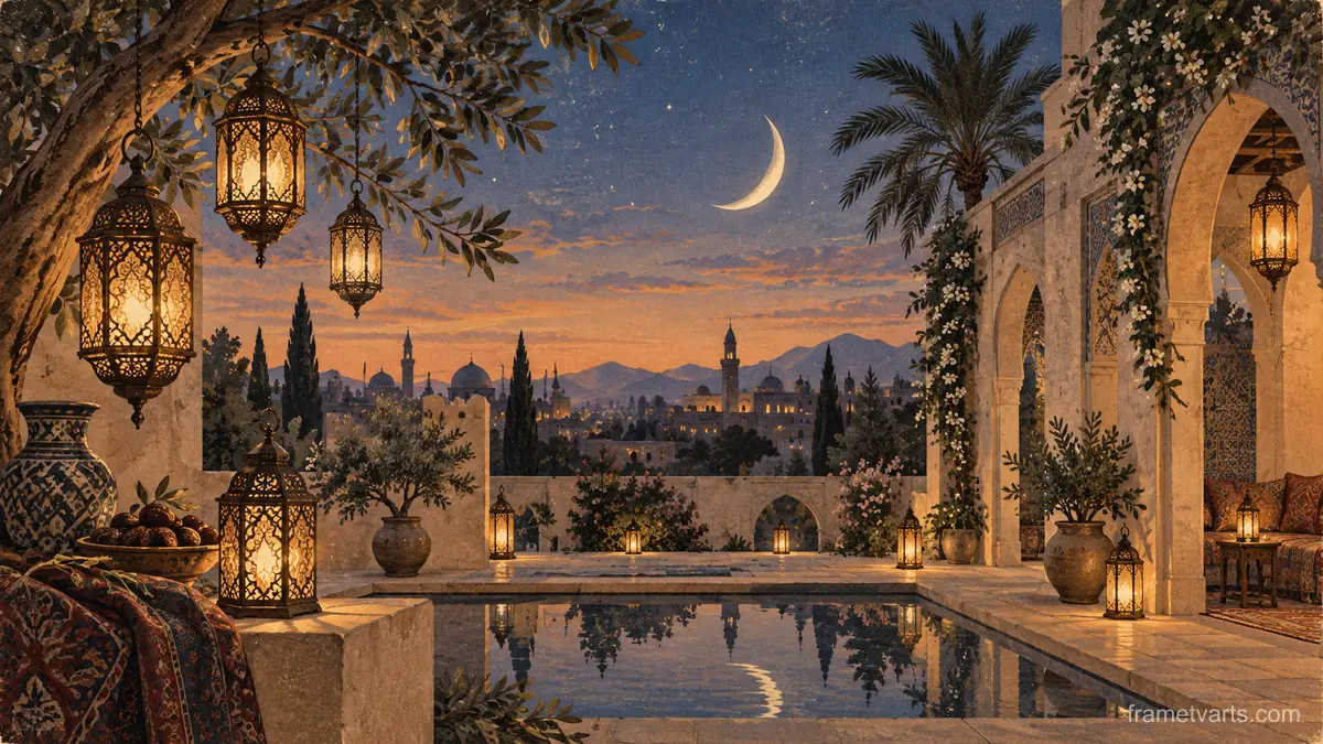 Ramadan lanterns and a crescent above a courtyard – vintage-inspired festive print Samsung Frame TV art, 4K