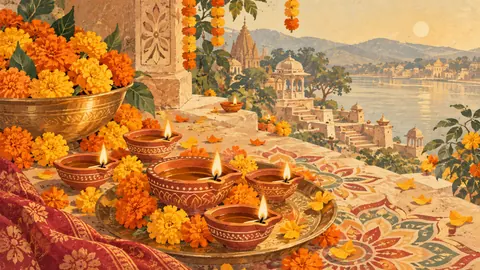 Diwali clay diyas surrounded by marigolds – vintage-inspired festive print Frame TV art