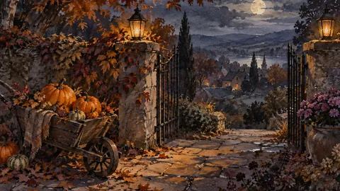 Halloween pumpkin wheelbarrow at a garden gate – elegant watercolor Frame TV art