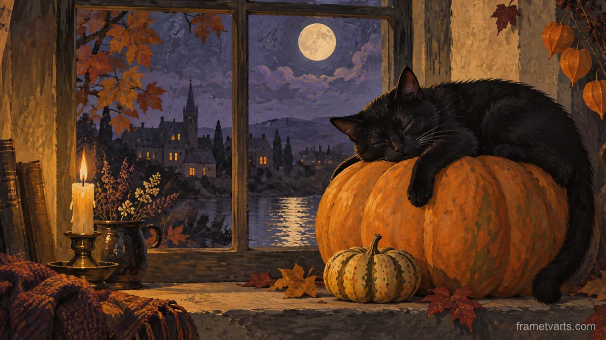 Black cat asleep on a pumpkin windowsill – storybook gouache Samsung Frame TV art, 4K