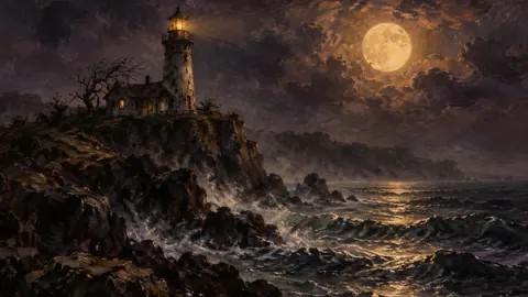 Haunted lighthouse under a harvest moon – atmospheric oil painting Frame TV art