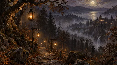 Spooky forest path lit by hanging lanterns – atmospheric oil painting Frame TV art
