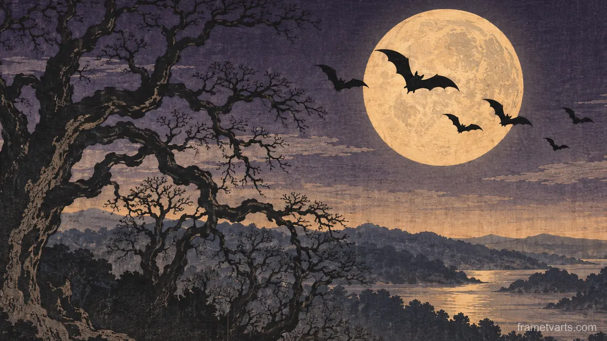 Bat silhouettes crossing a full moon above bare oaks – japanese-inspired woodblock print Samsung Frame TV art, 4K