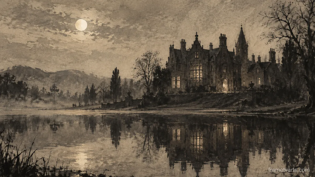 Haunted manor reflected in a still pond – monochrome minimalist abstraction Samsung Frame TV art, 4K