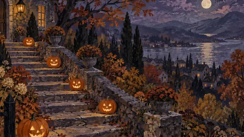 Jack-o-lanterns lining stone garden steps – decorative folk gouache Frame TV art