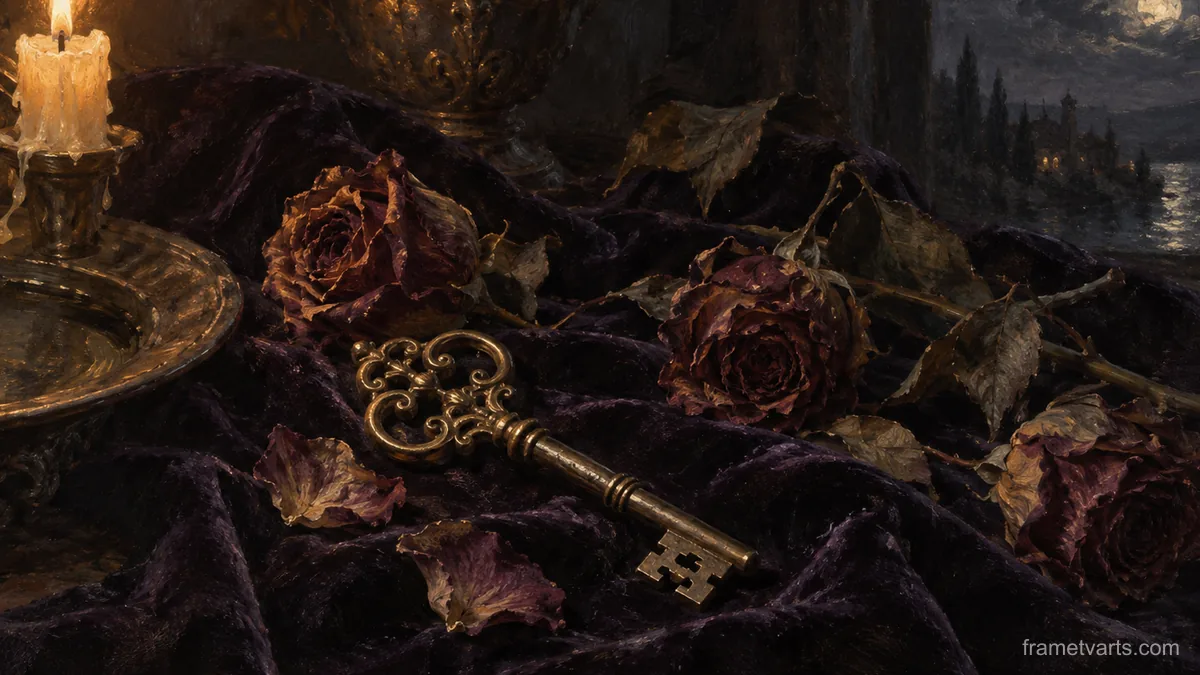 Skeleton key and dried roses on dark velvet – tonal oil painting Samsung Frame TV art, 4K
