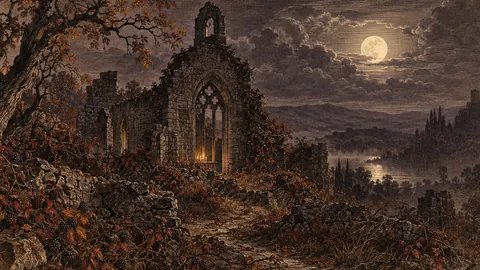 Haunted chapel ruin among autumn brambles – vintage plate engraving Frame TV art