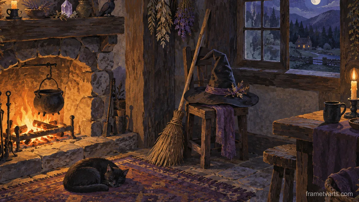 Witch hat and besom beside a cottage hearth – storybook gouache Samsung Frame TV art, 4K