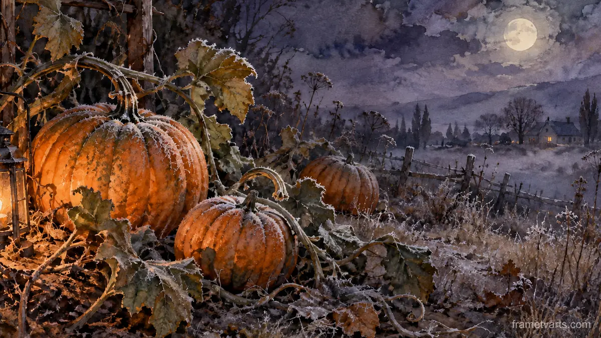 Pumpkins ripening on a frost-touched vine – elegant watercolor Samsung Frame TV art, 4K