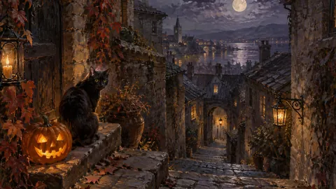 Black cat and jack-o-lantern in a cobbled alley – atmospheric oil painting Frame TV art