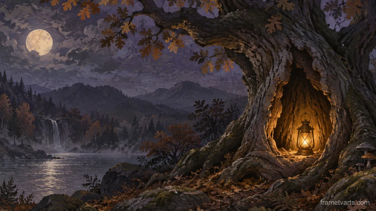 Spooky hollow oak with a lantern inside – storybook gouache Samsung Frame TV art, 4K