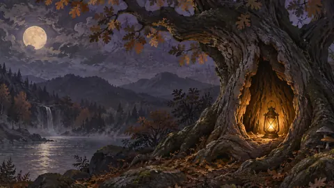 Spooky hollow oak with a lantern inside – storybook gouache Frame TV art