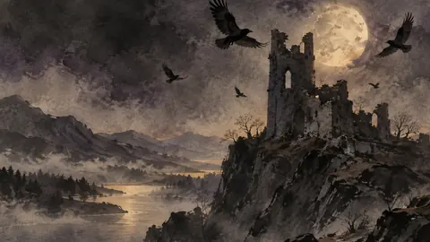 Ravens circling a ruined tower – minimal ink and wash Frame TV art