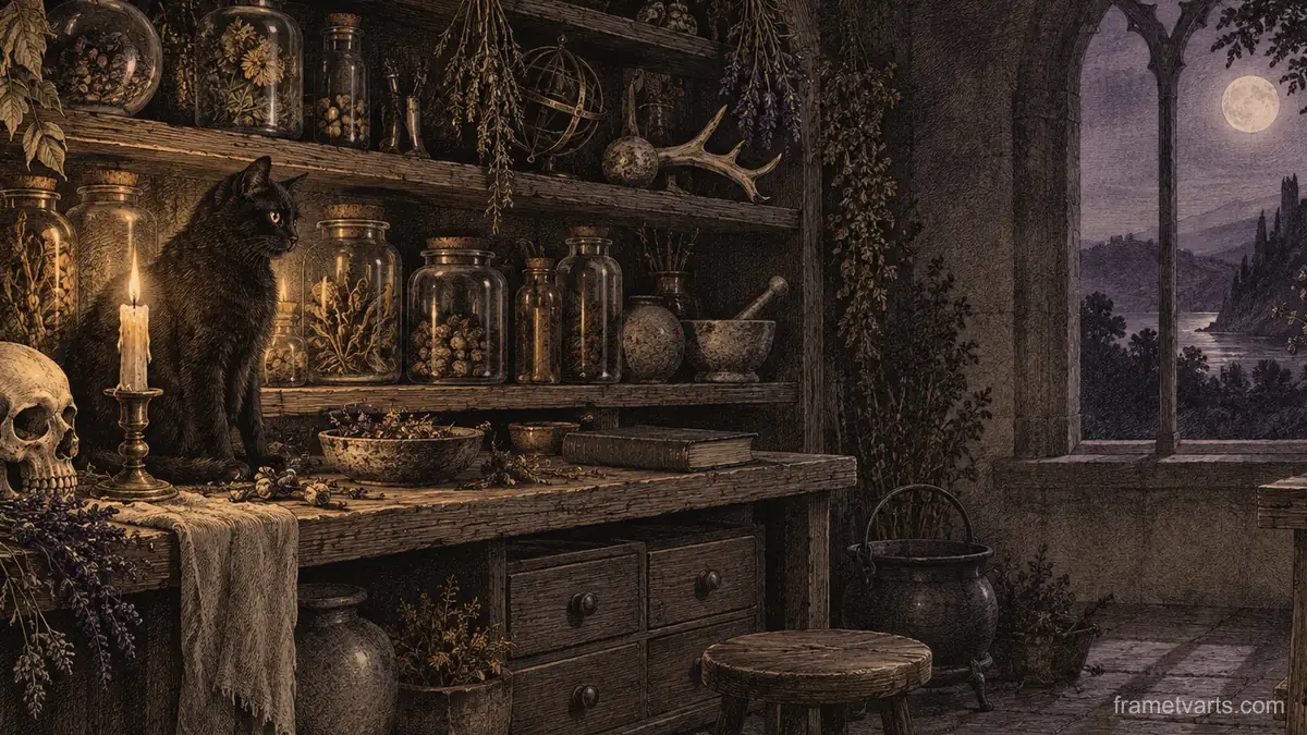 Witch's apothecary shelf of unlabelled jars – vintage plate engraving Samsung Frame TV art, 4K