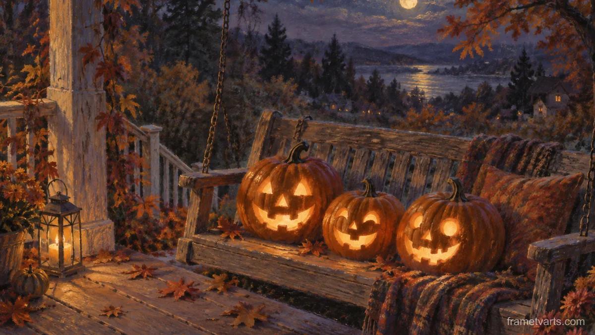 Carved pumpkins on a porch swing – soft pastel drawing Samsung Frame TV art, 4K