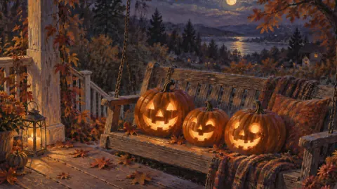 Carved pumpkins on a porch swing – soft pastel drawing Frame TV art