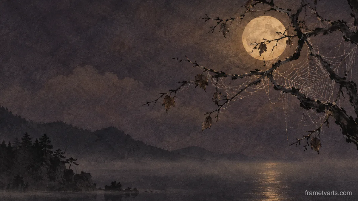 Moon through cobweb-laced branches – japanese-inspired minimal composition Samsung Frame TV art, 4K