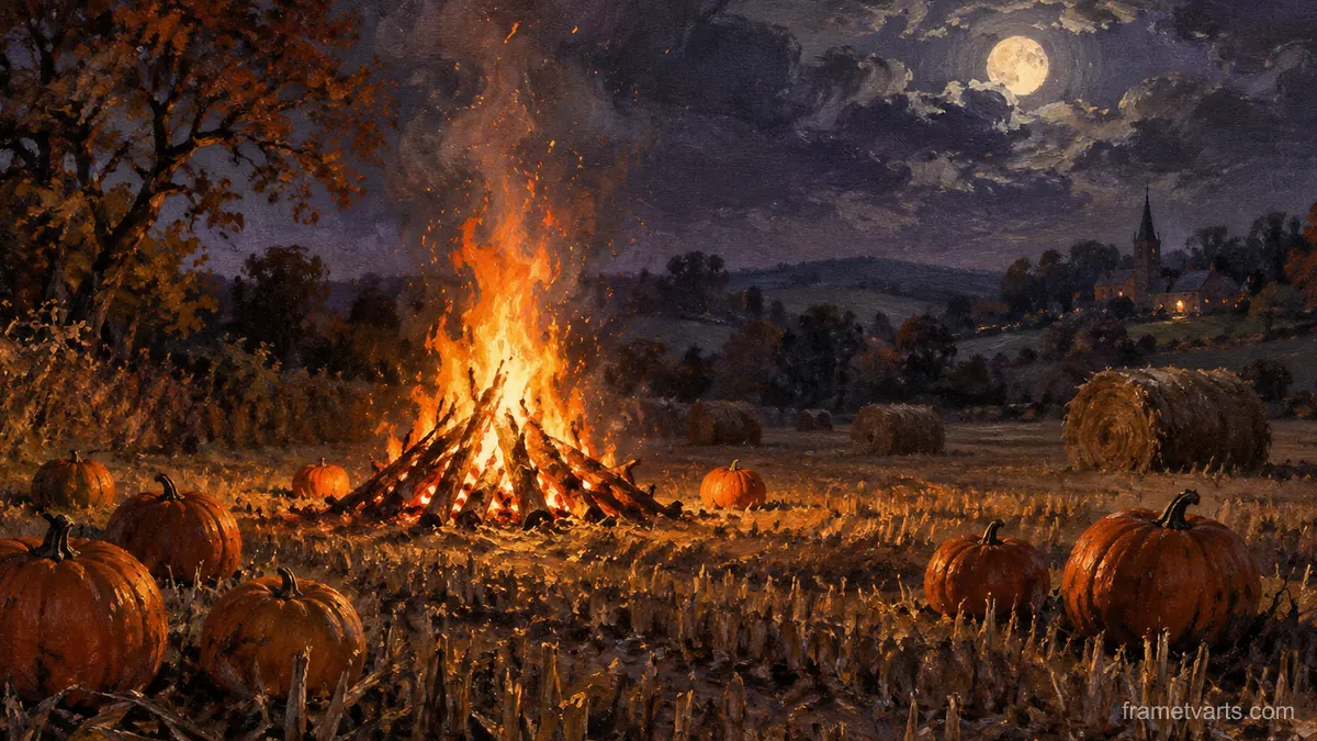 Halloween bonfire in a stubble field – impressionist oil painting Samsung Frame TV art, 4K
