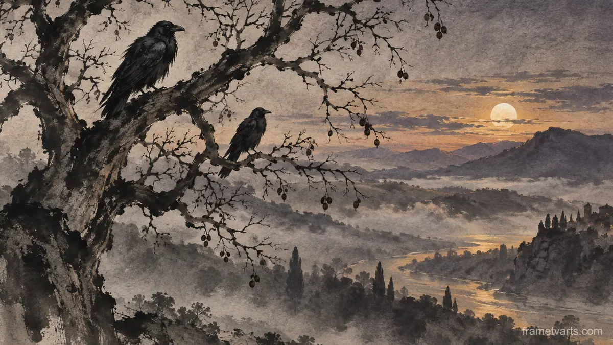 Ravens in a bare walnut tree at dawn – zen sumi-e ink wash Samsung Frame TV art, 4K