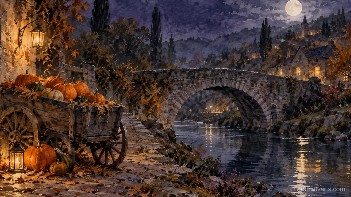 Pumpkin cart beside a stone bridge – elegant watercolor Samsung Frame TV art, 4K