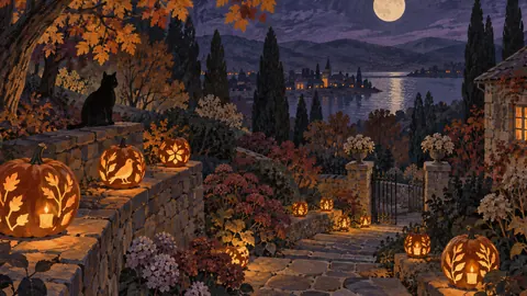 Candlelit pumpkin lanterns down a garden path – decorative folk gouache Frame TV art