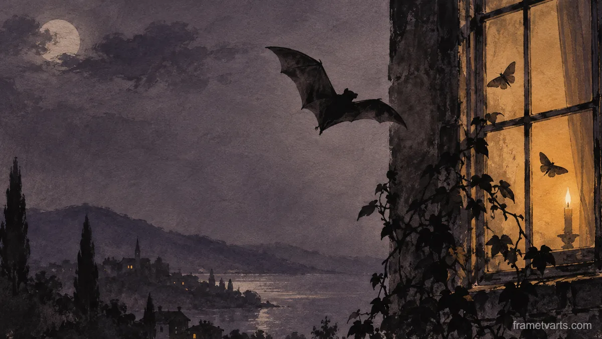 Bat and moth silhouettes at a lit window – minimal ink and wash Samsung Frame TV art, 4K