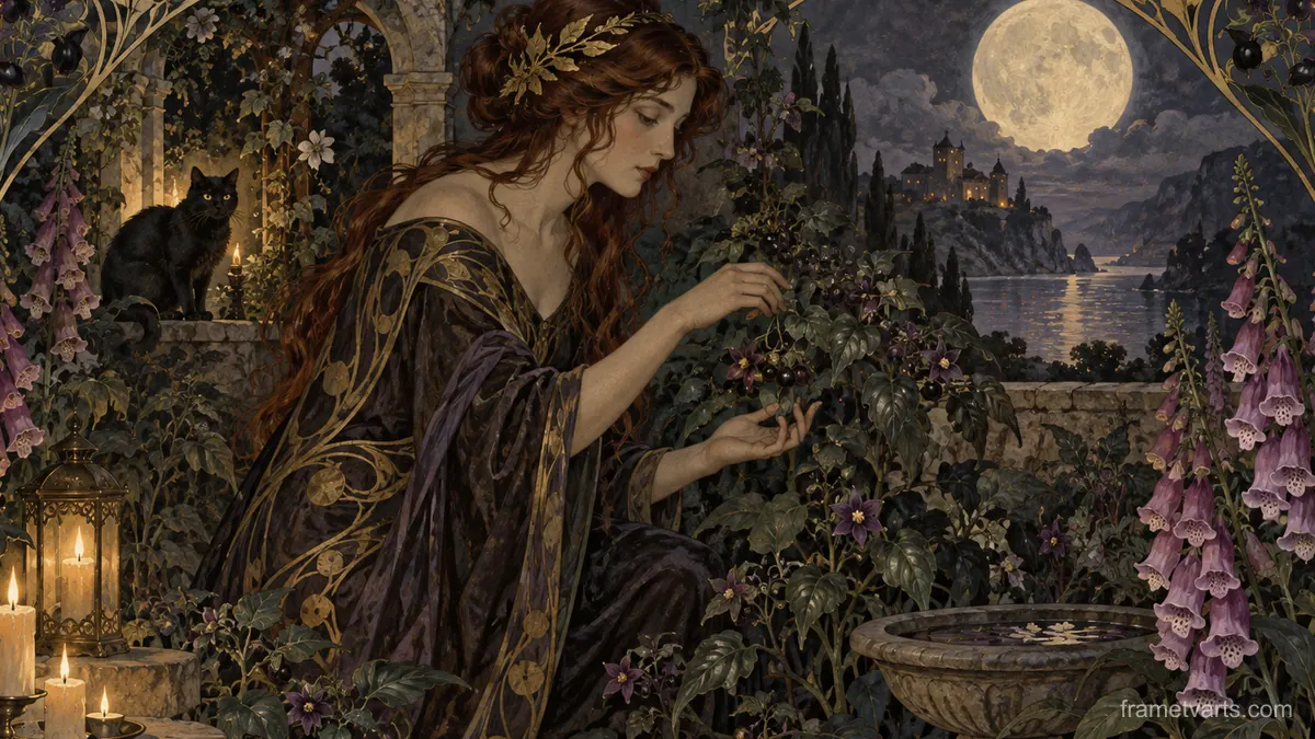 Witch's garden of nightshade and foxglove – decorative art nouveau painting Samsung Frame TV art, 4K