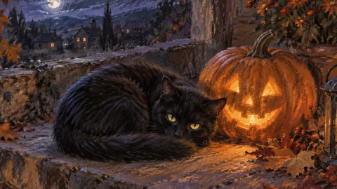 Black cat curled beside a carved pumpkin – soft pastel drawing Frame TV art
