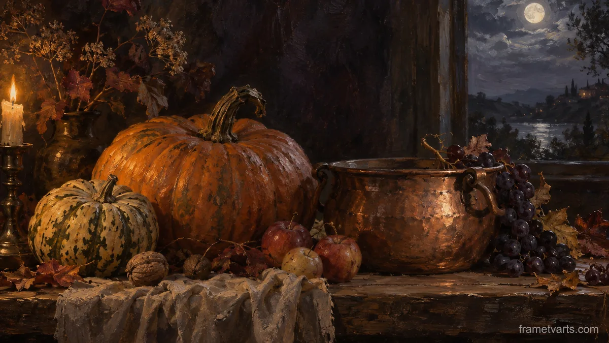 Pumpkin still life with a copper pot – tonal oil painting Samsung Frame TV art, 4K
